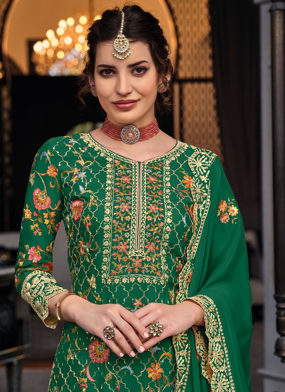 Salwar Suit Chinon Green Embroidered Salwar Kameez