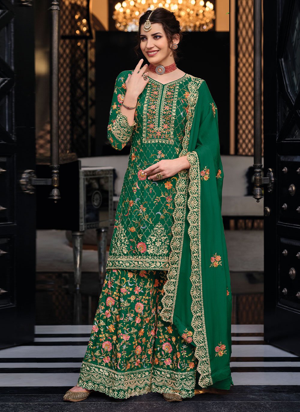 Salwar Suit Chinon Green Embroidered Salwar Kameez