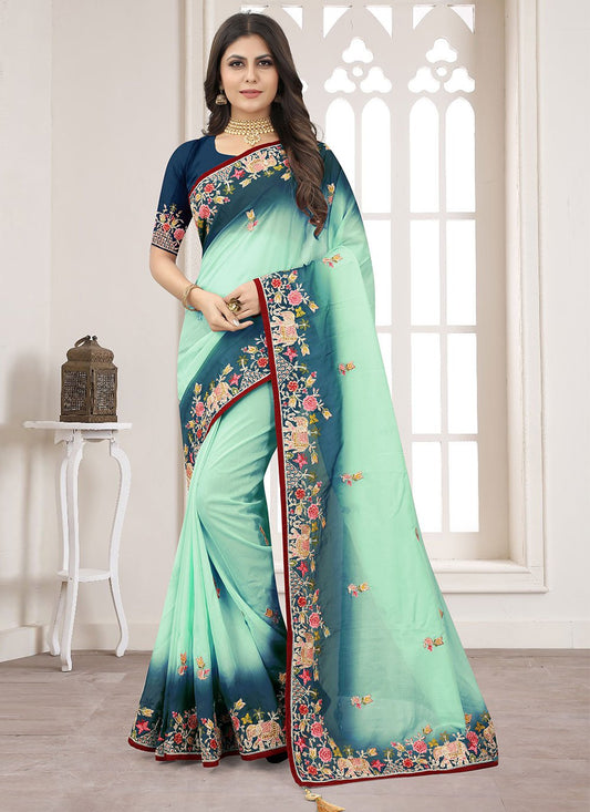 Trendy Saree Organza Green Embroidered Saree