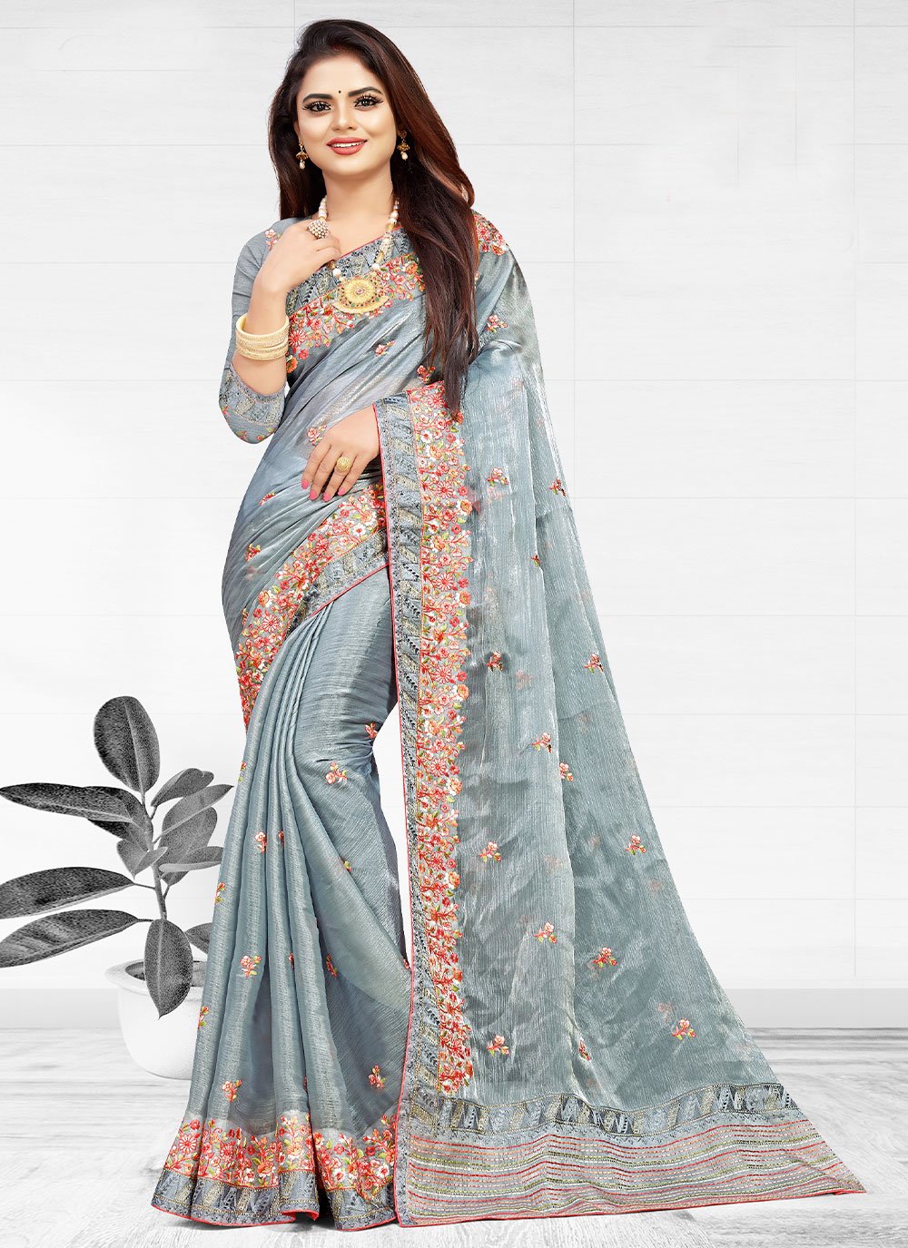 Classic Chiffon Grey Embroidered Saree