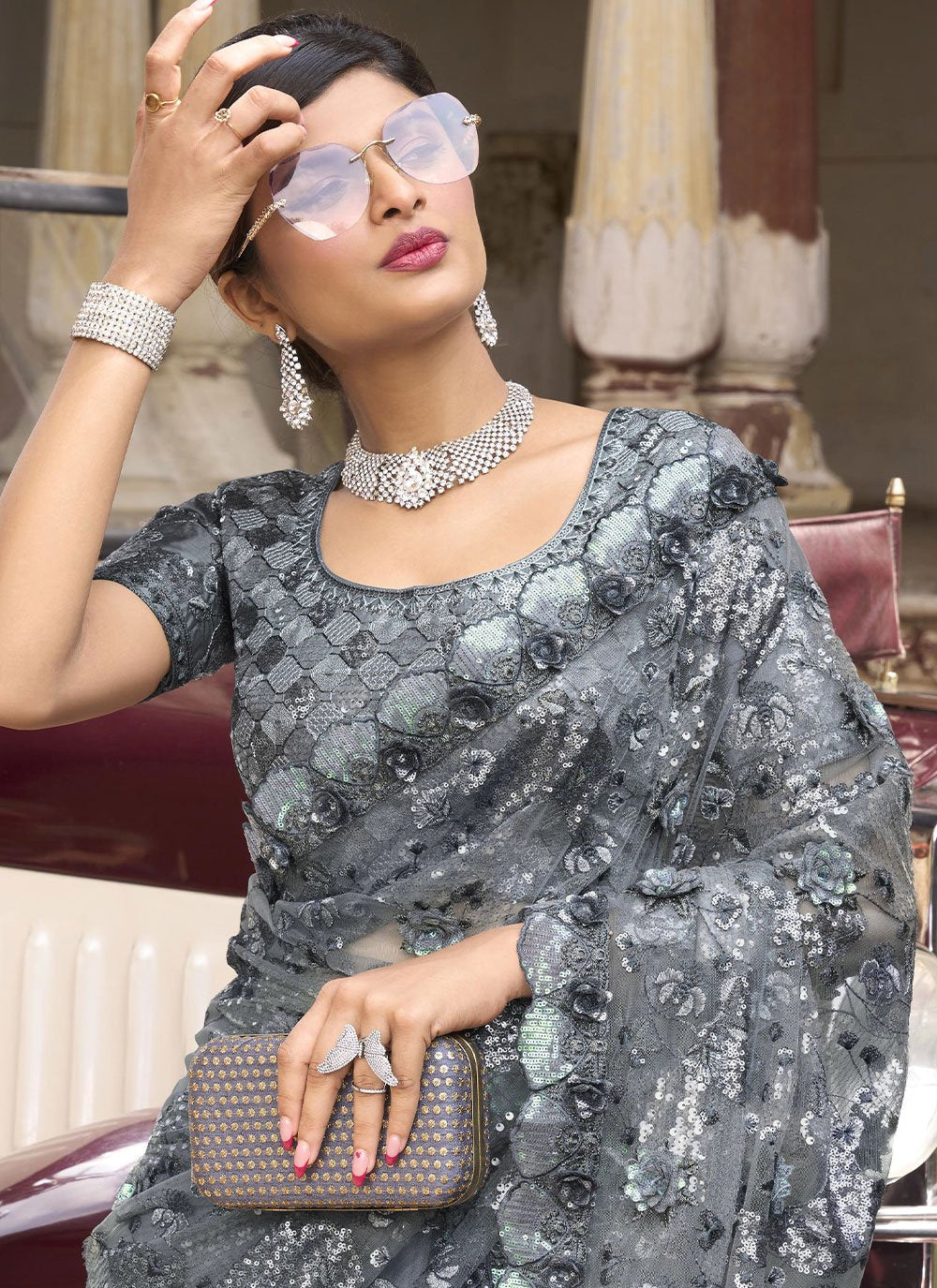 Classic Net Grey Embroidered Saree