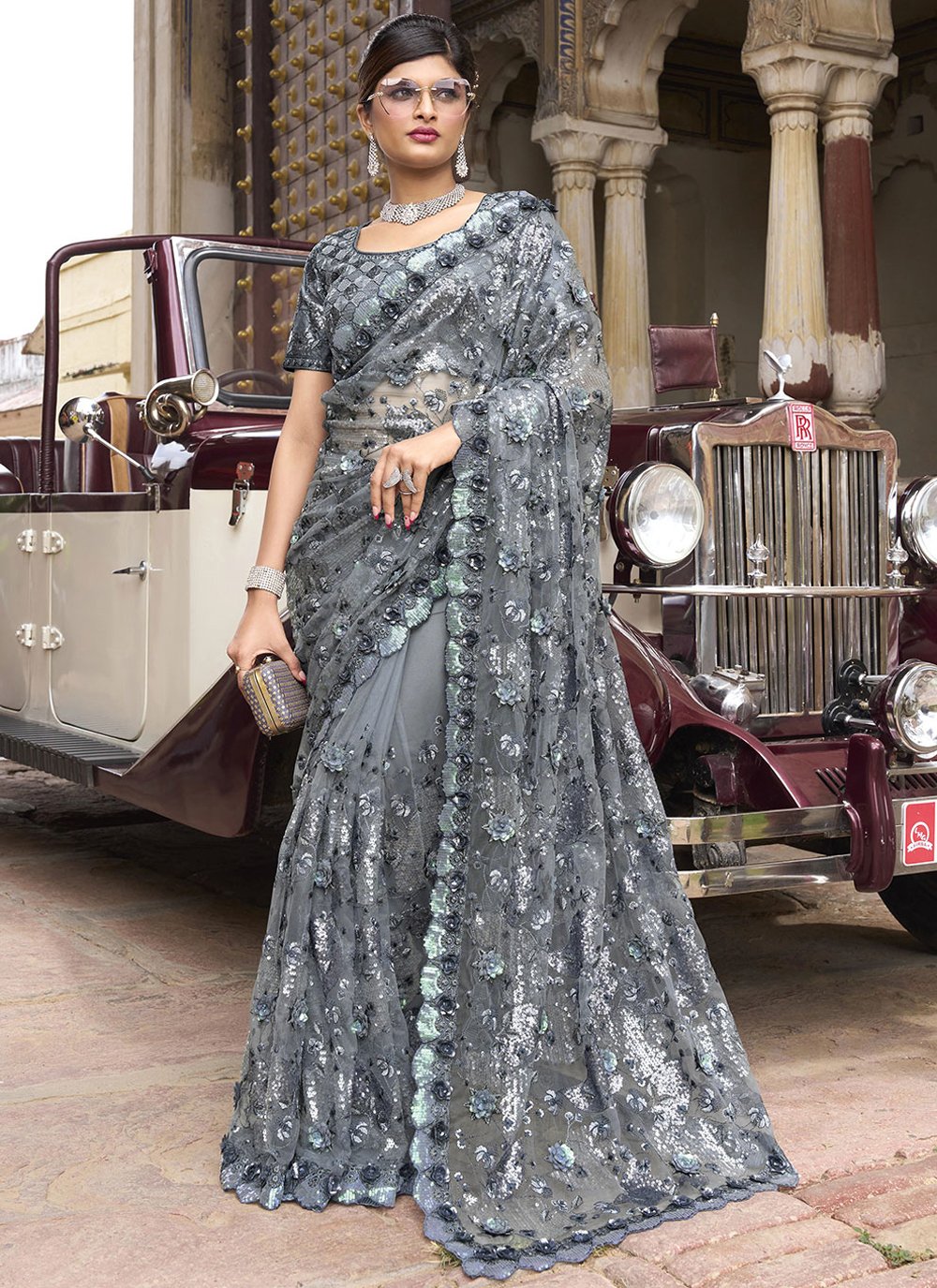 Classic Net Grey Embroidered Saree