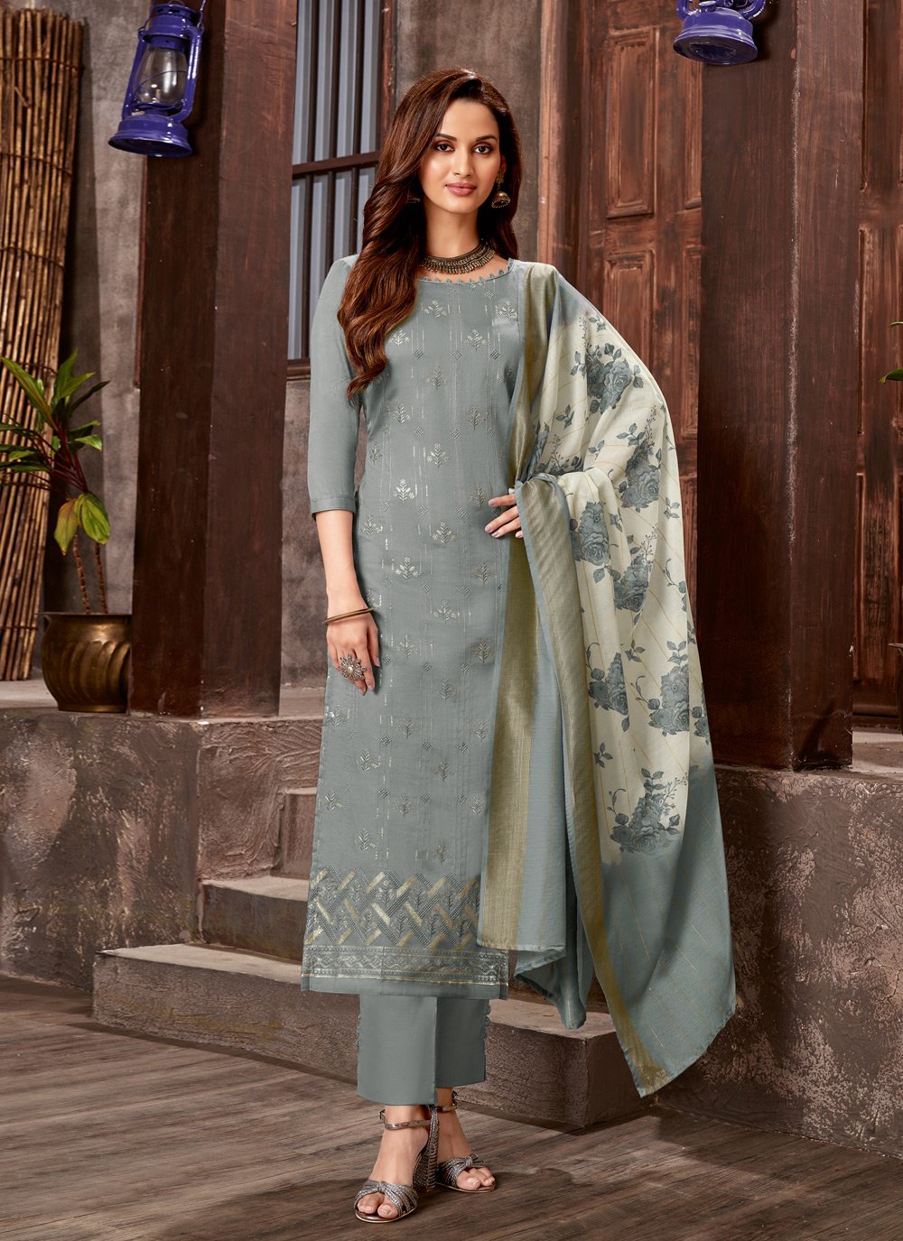 Pant Style Suit Cotton Satin Grey Embroidered Salwar Kameez