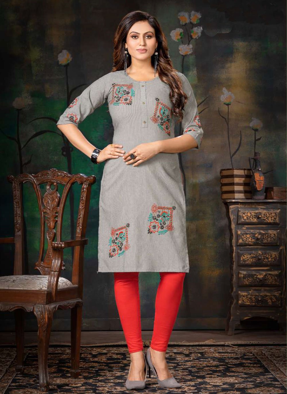 Designer Kurti Handloom Cotton Grey Embroidered Kurtis