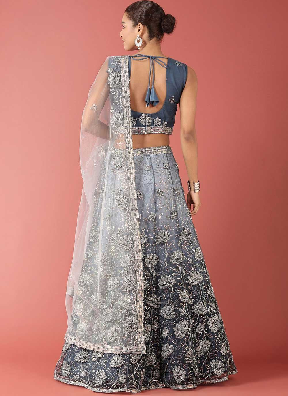 Lehenga Style Saree Net Grey Embroidered Lehenga Choli