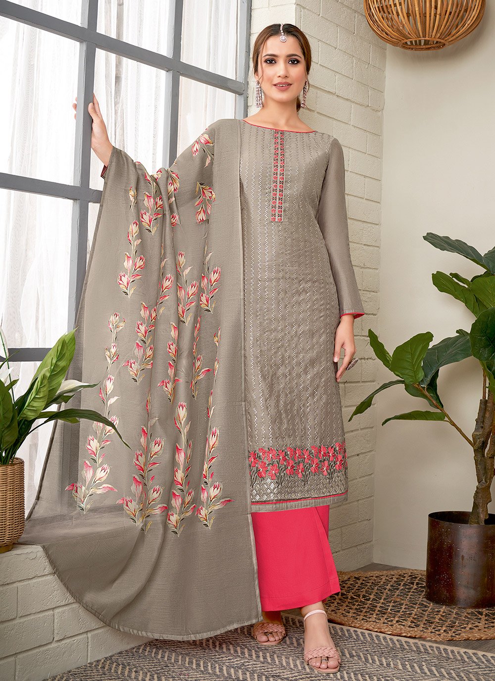 Palazzo Salwar Suit Chanderi Grey Embroidered Salwar Kameez