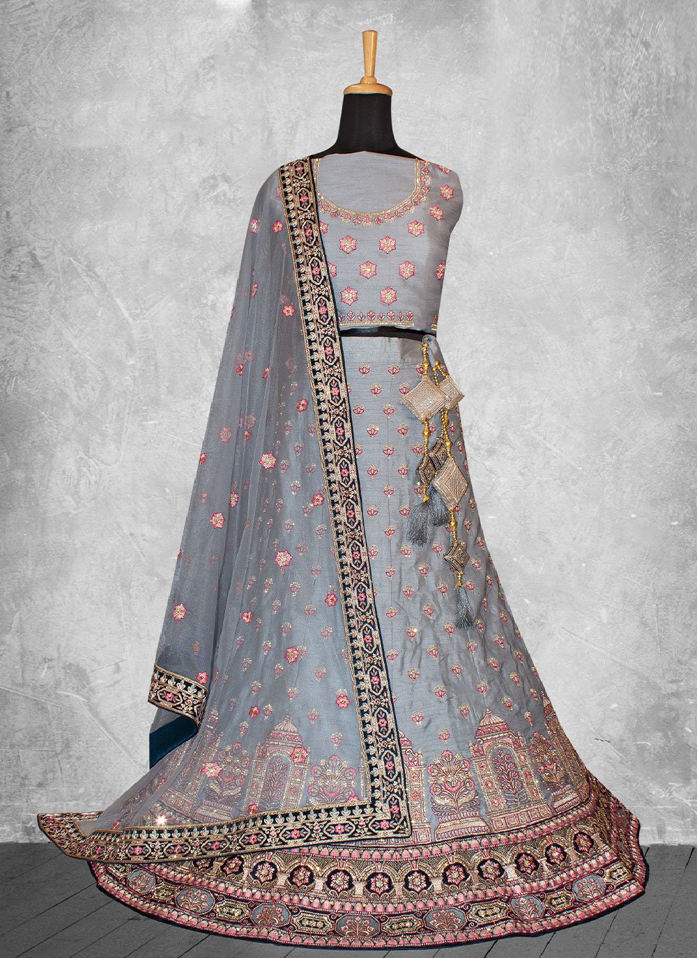 A Line Lehenga Raw Silk Grey Beads Lehenga Choli