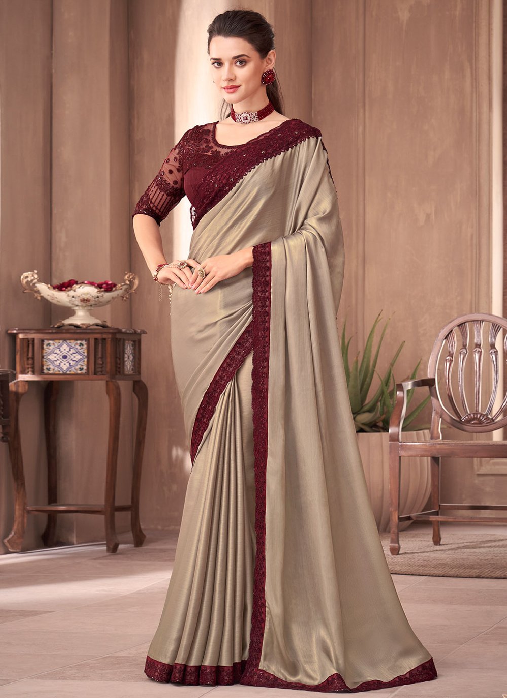 Trendy Saree Shimmer Grey Embroidered Saree