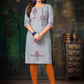 Party Wear Kurti Handloom Cotton Grey Embroidered Kurtis