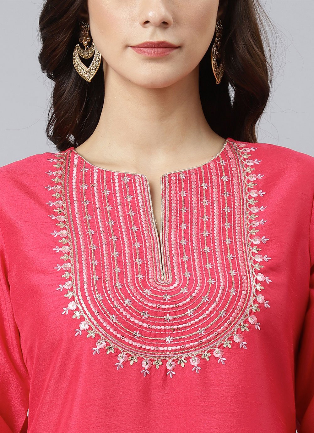 Pant Style Suit Poly Silk Hot Pink Embroidered Salwar Kameez