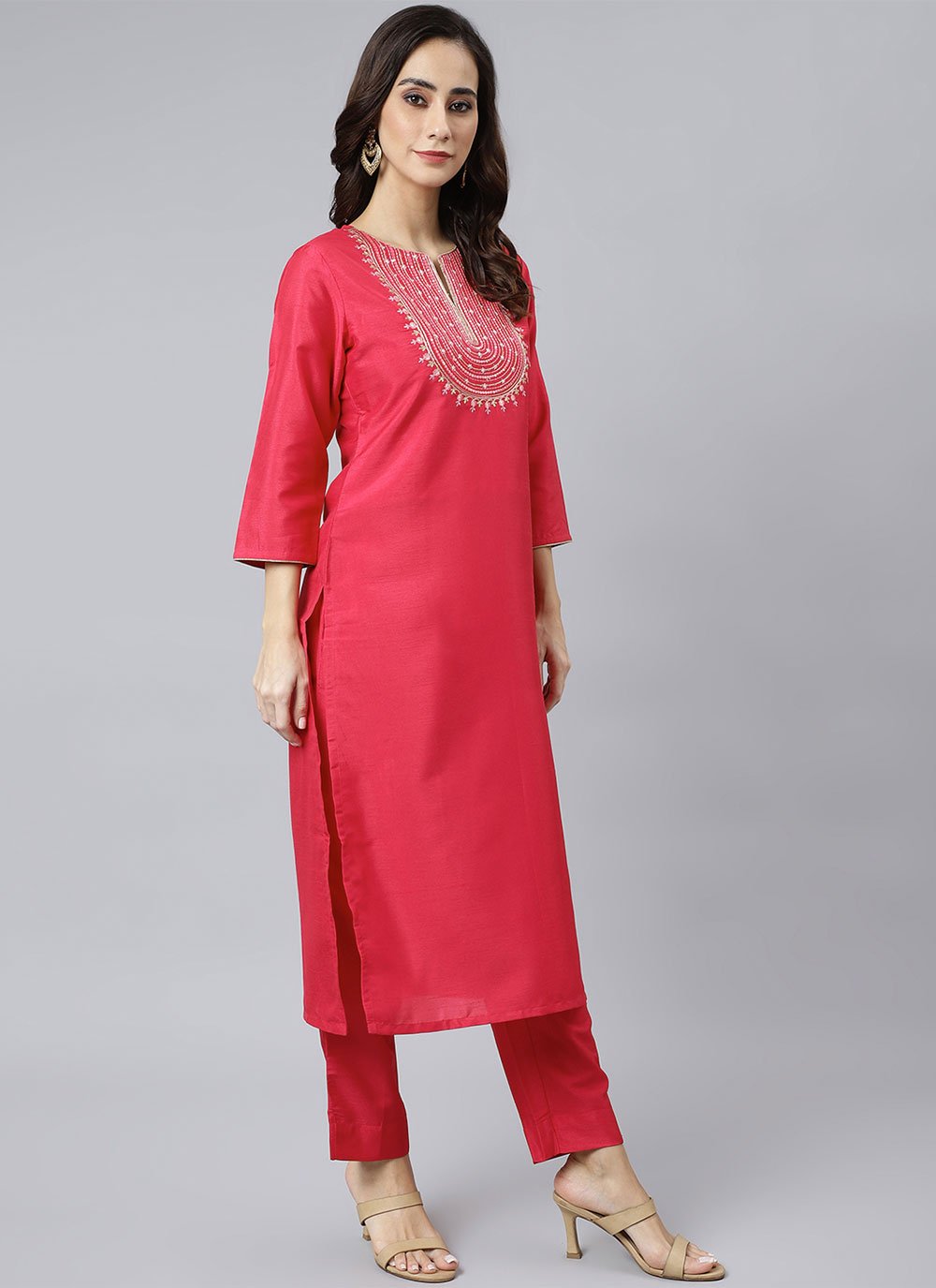 Pant Style Suit Poly Silk Hot Pink Embroidered Salwar Kameez