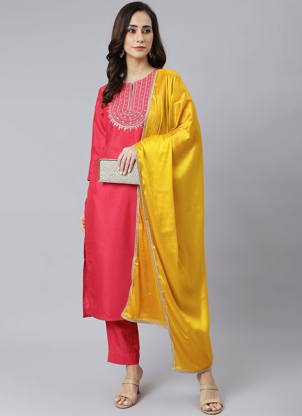 Pant Style Suit Poly Silk Hot Pink Embroidered Salwar Kameez
