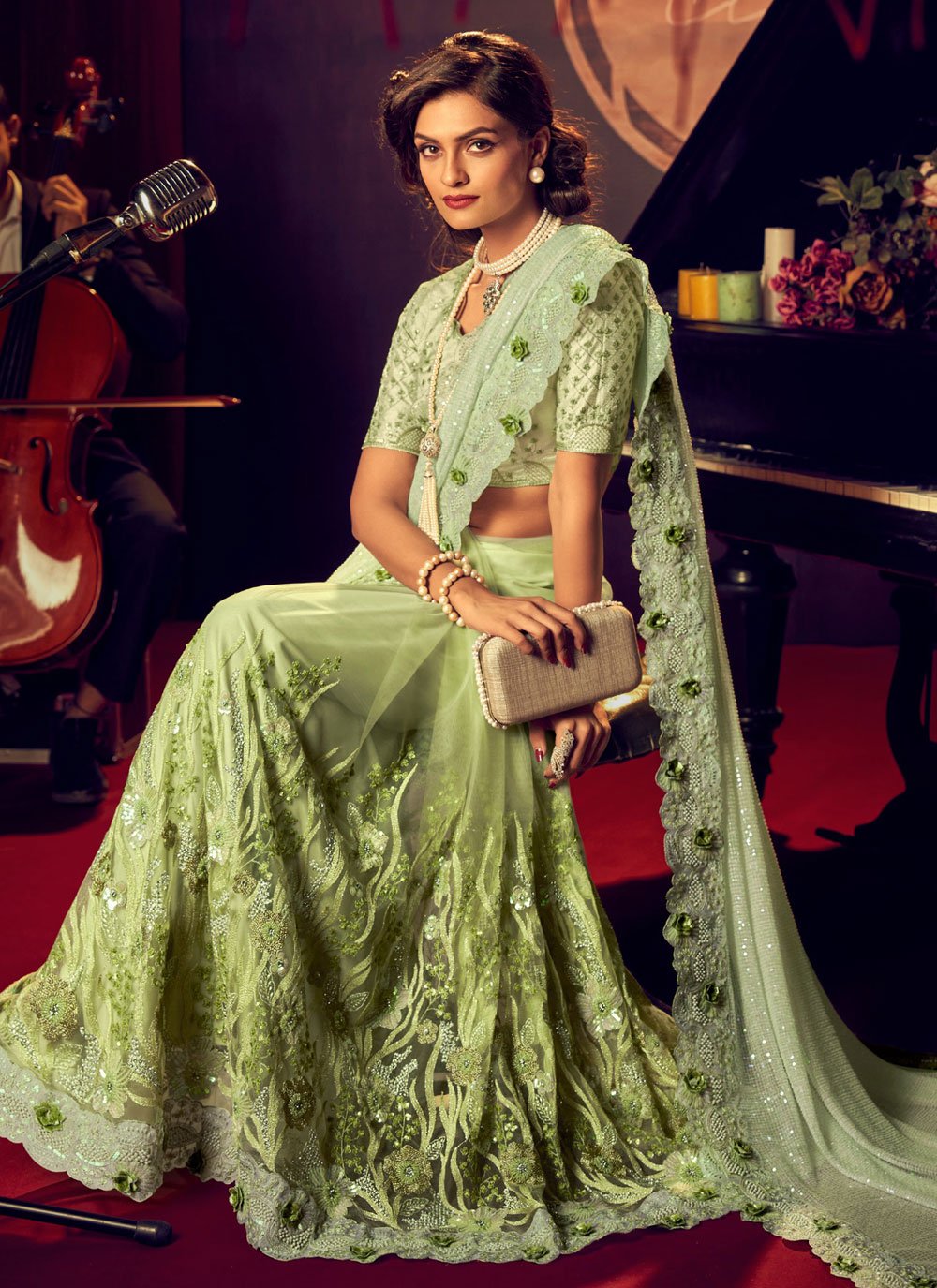 Classic Imported Net Green Embroidered Saree