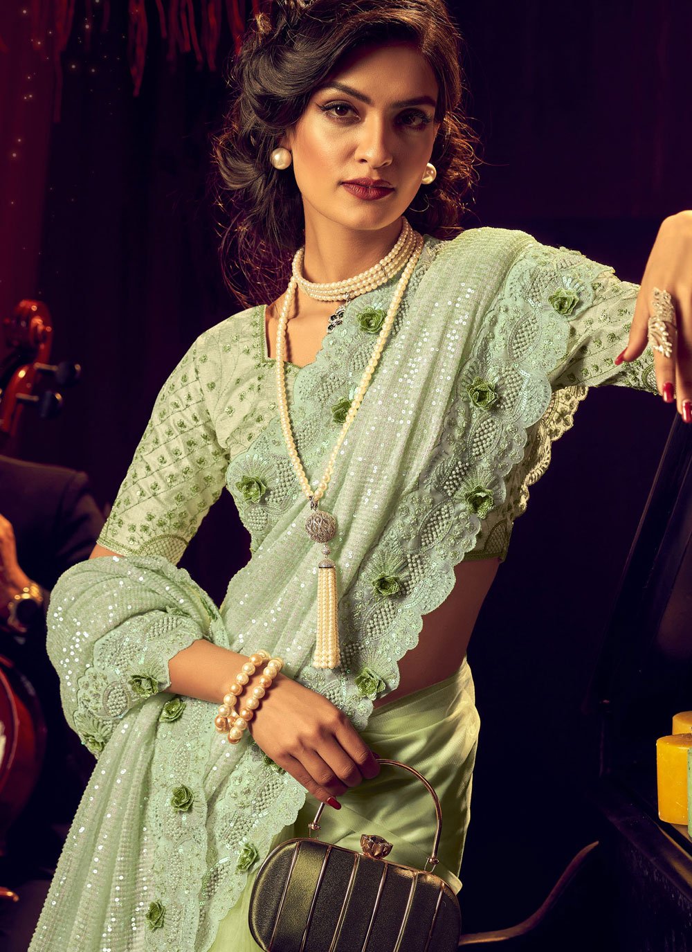 Classic Imported Net Green Embroidered Saree