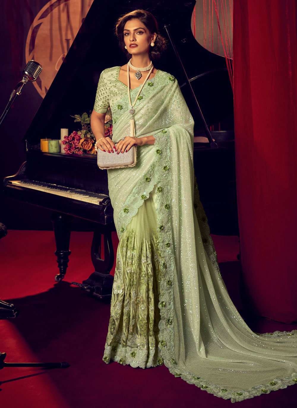 Classic Imported Net Green Embroidered Saree