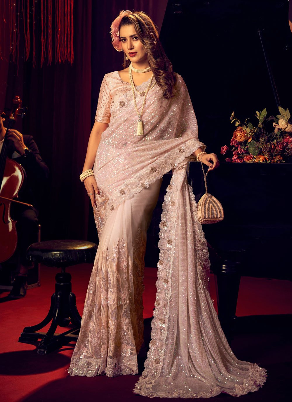 Classic Imported Net Peach Embroidered Saree