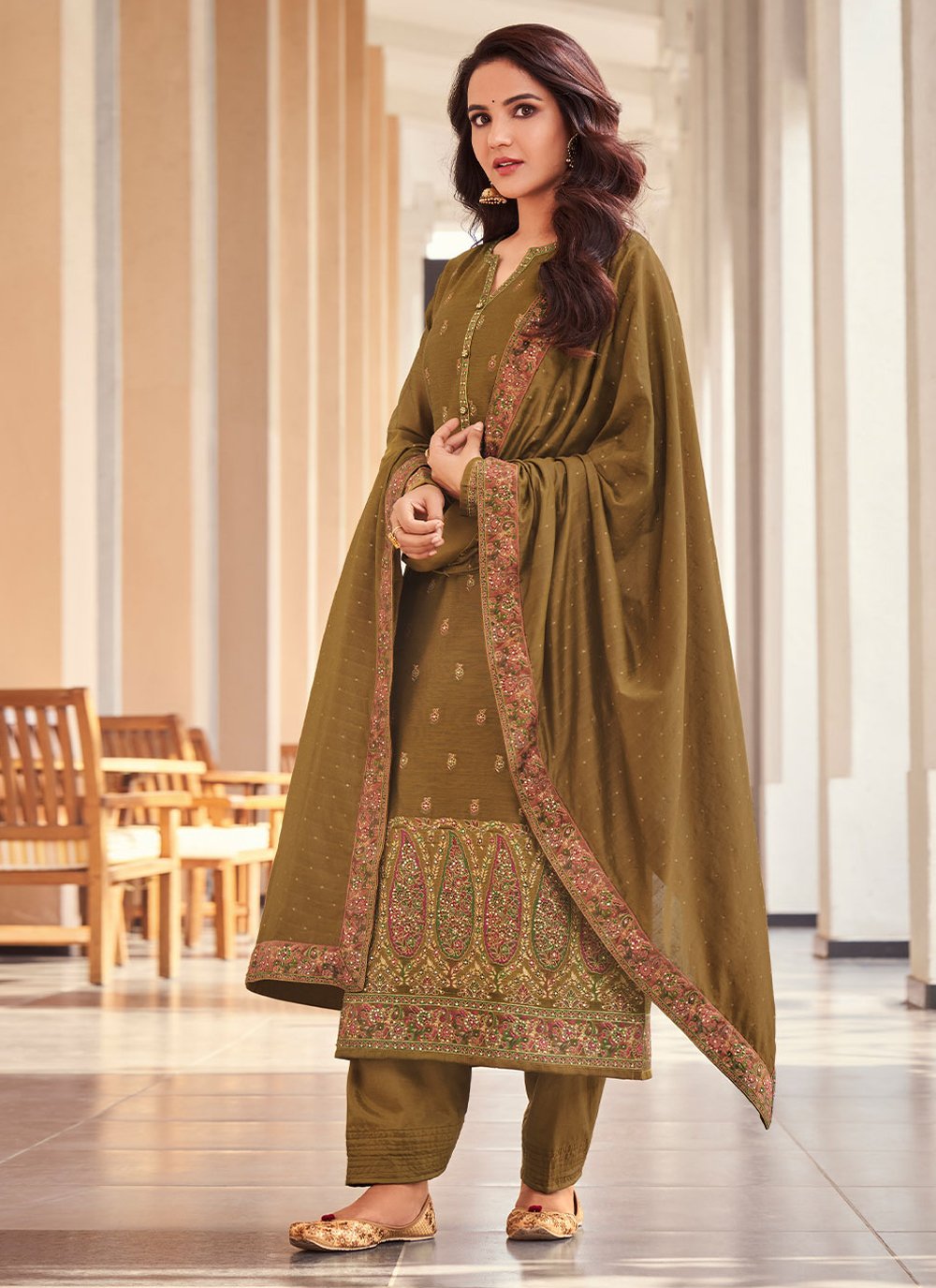 Salwar Suit Jacquard Brown Embroidered Salwar Kameez