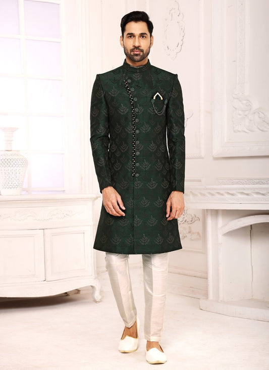 Indo Western Imported Jacquard Green Embroidered Mens