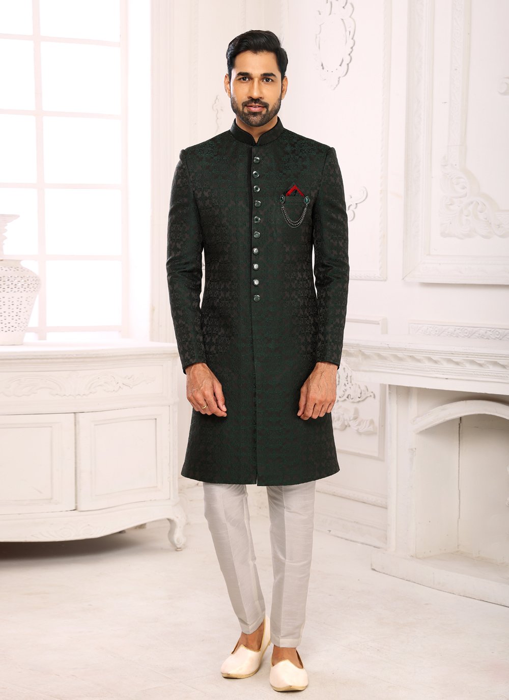 Indo Western Imported Jacquard Green Embroidered Mens