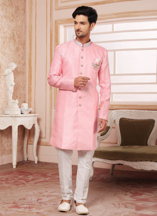 Indo Western Jacquard Pink Embroidered Mens
