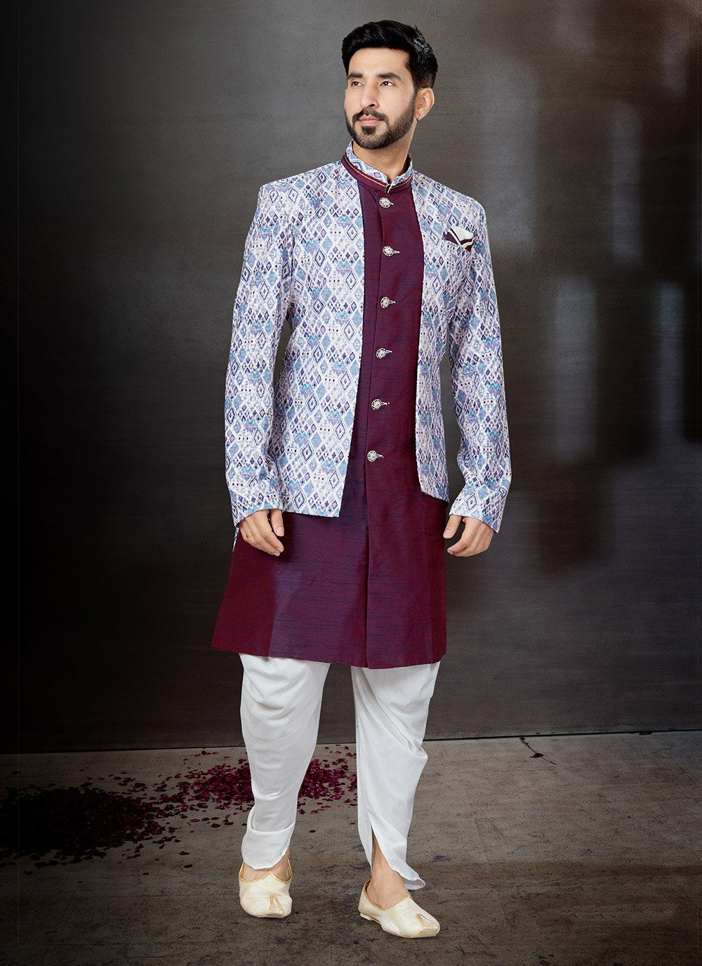 Indo Western Sherwani Dupion Silk Jacquard Multi Colour Wine Embroidered Mens