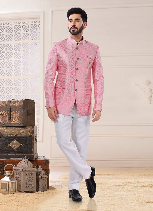 Jodhpuri Suit Jacquard Pink Embroidered Mens