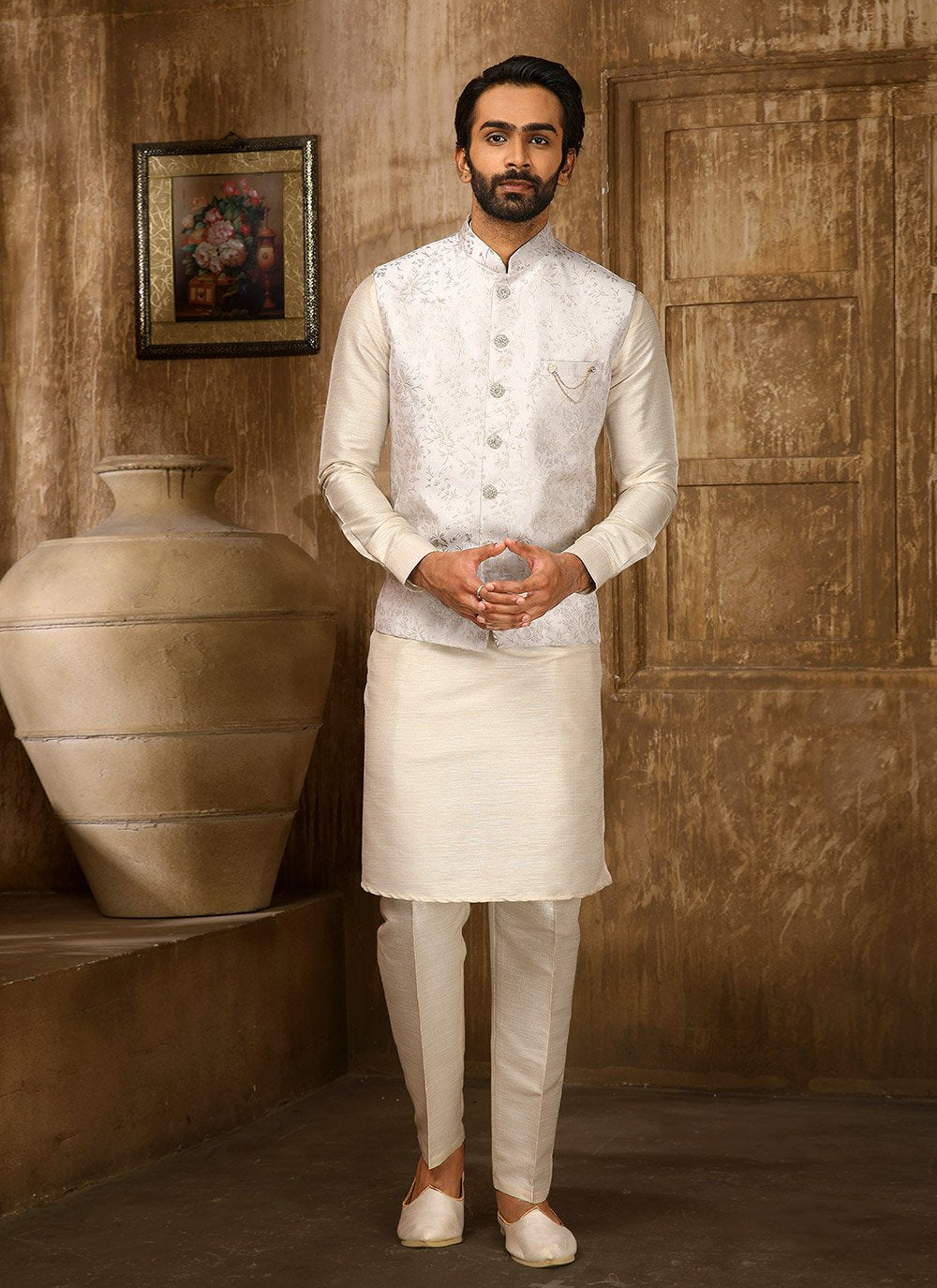 Kurta Payjama With Jacket Jacquard Cream White Embroidered Mens