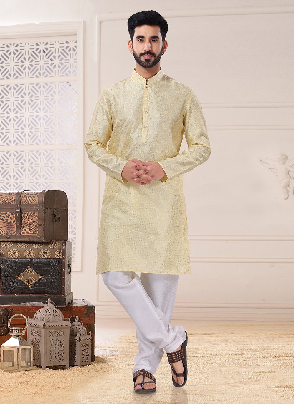 Kurta Pyjama Jacquard Yellow Embroidered Mens