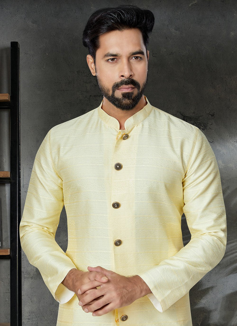 Kurta Pyjama Jacquard Yellow Embroidered Mens