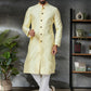 Kurta Pyjama Jacquard Yellow Embroidered Mens