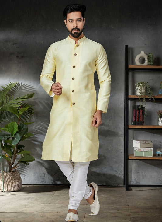 Kurta Pyjama Jacquard Yellow Embroidered Mens