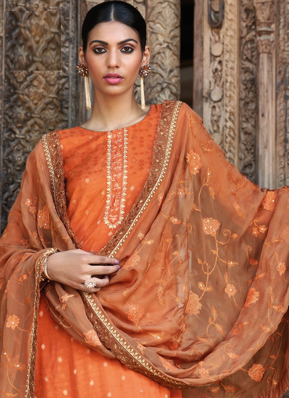 Pakistani Salwar Suit Jacquard Orange Embroidered Salwar Kameez