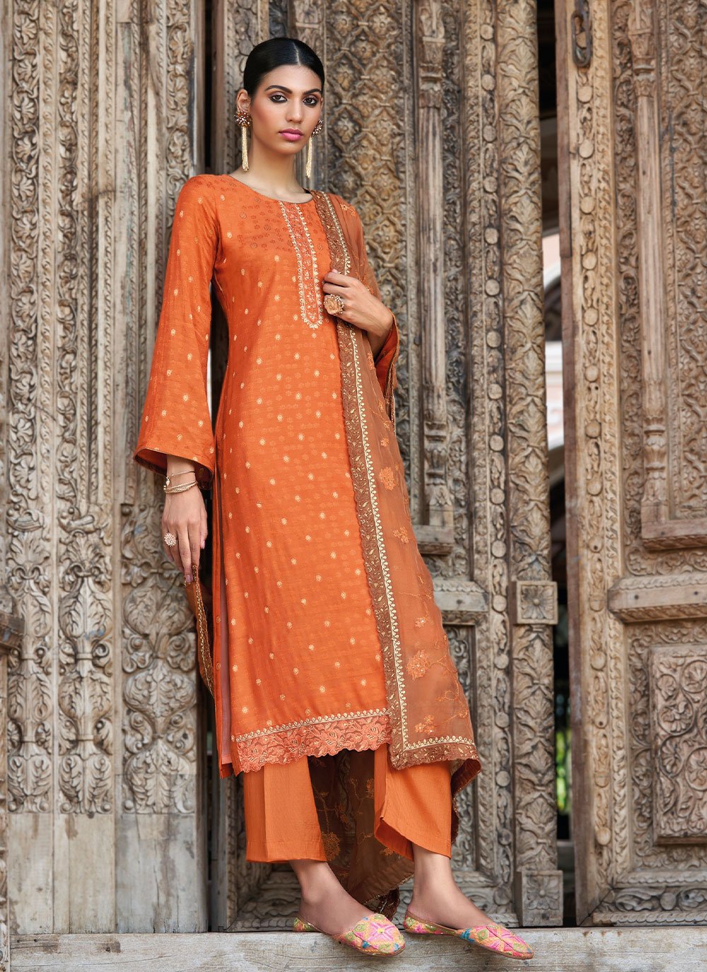 Pakistani Salwar Suit Jacquard Orange Embroidered Salwar Kameez