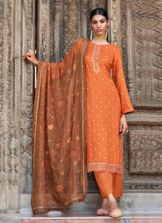 Pakistani Salwar Suit Jacquard Orange Embroidered Salwar Kameez