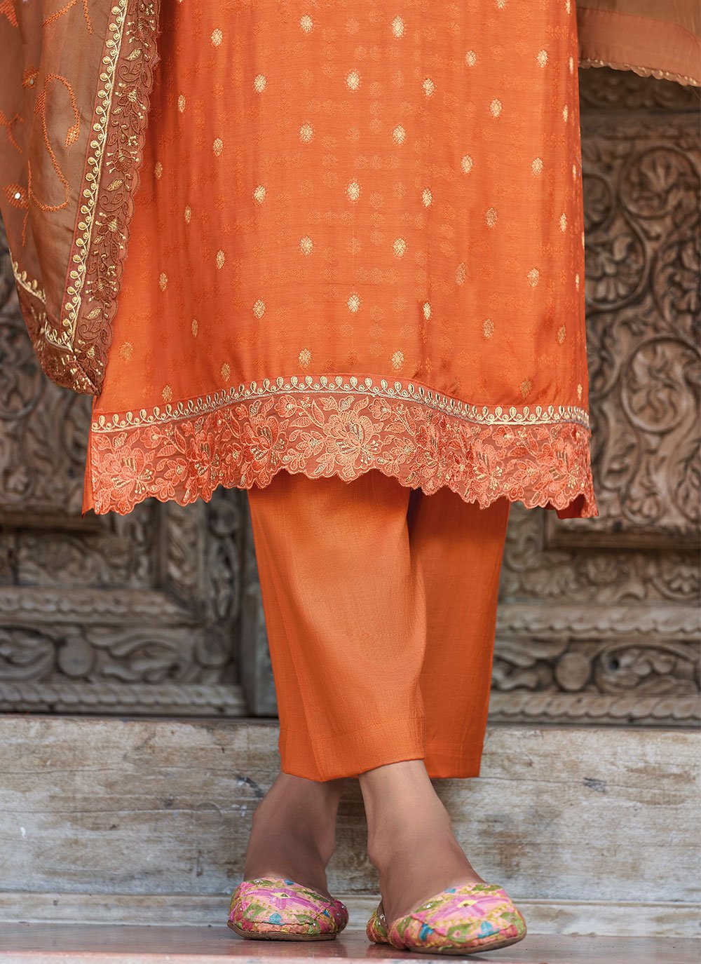 Pakistani Salwar Suit Jacquard Orange Embroidered Salwar Kameez