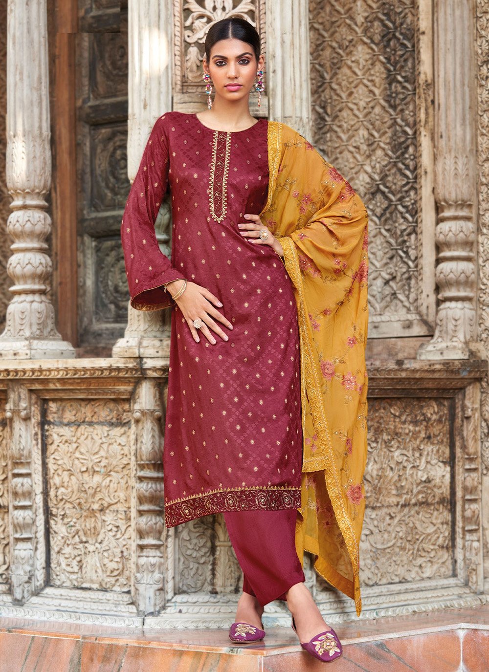 Salwar Suit Jacquard Maroon Embroidered Salwar Kameez