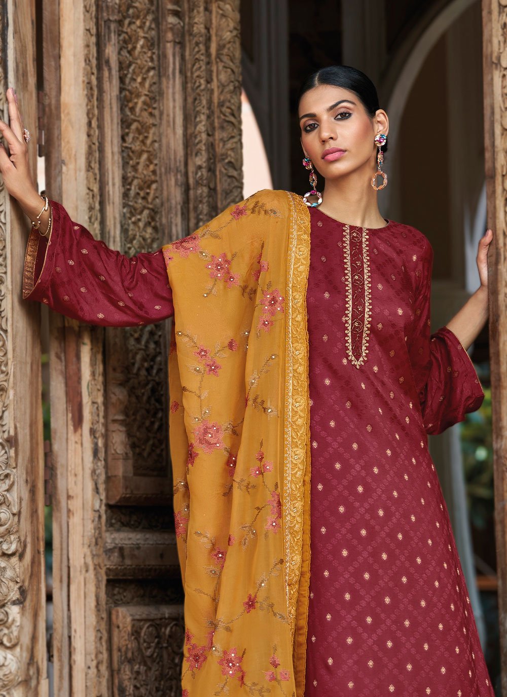 Salwar Suit Jacquard Maroon Embroidered Salwar Kameez