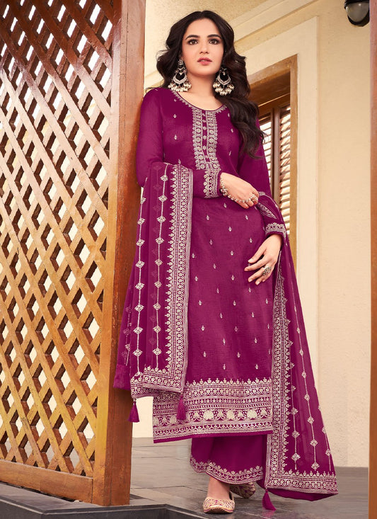 Bollywood Replica Salwar Kameez Silk Magenta Embroidered Salwar Kameez