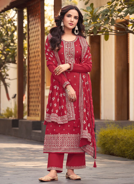 Bollywood Replica Salwar Kameez Silk Red Embroidered Salwar Kameez