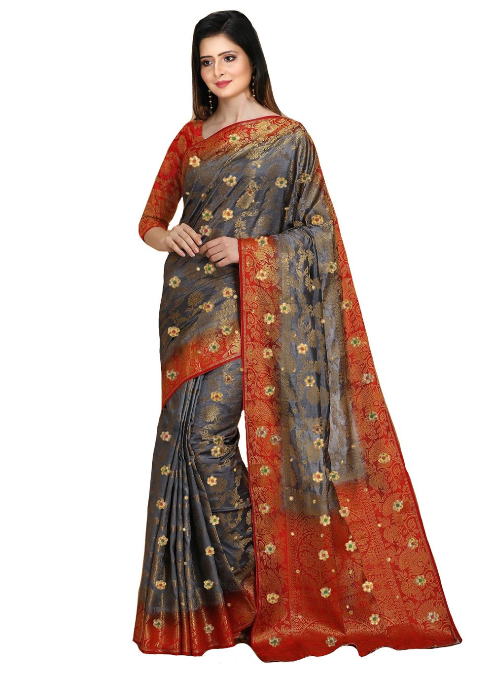 Classic Kanjivaram Silk Grey Embroidered Saree