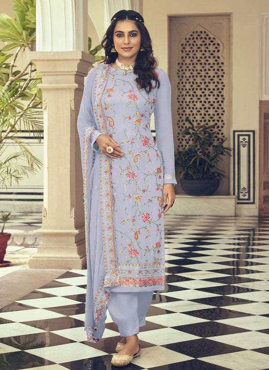 Salwar Suit Faux Georgette Lavender Embroidered Salwar Kameez