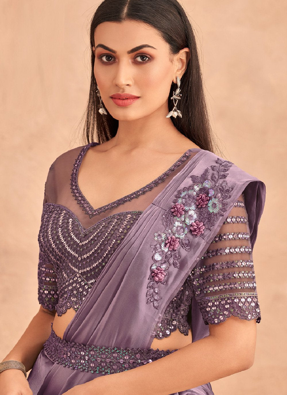 Lehenga Style Saree Silk Lavender Embroidered Saree