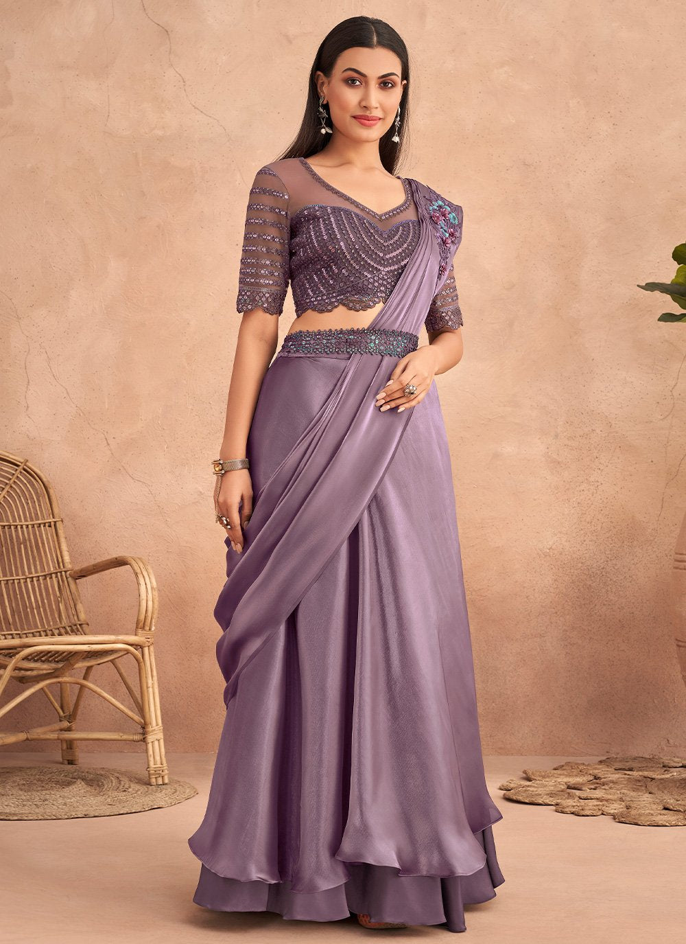 Lehenga Style Saree Silk Lavender Embroidered Saree