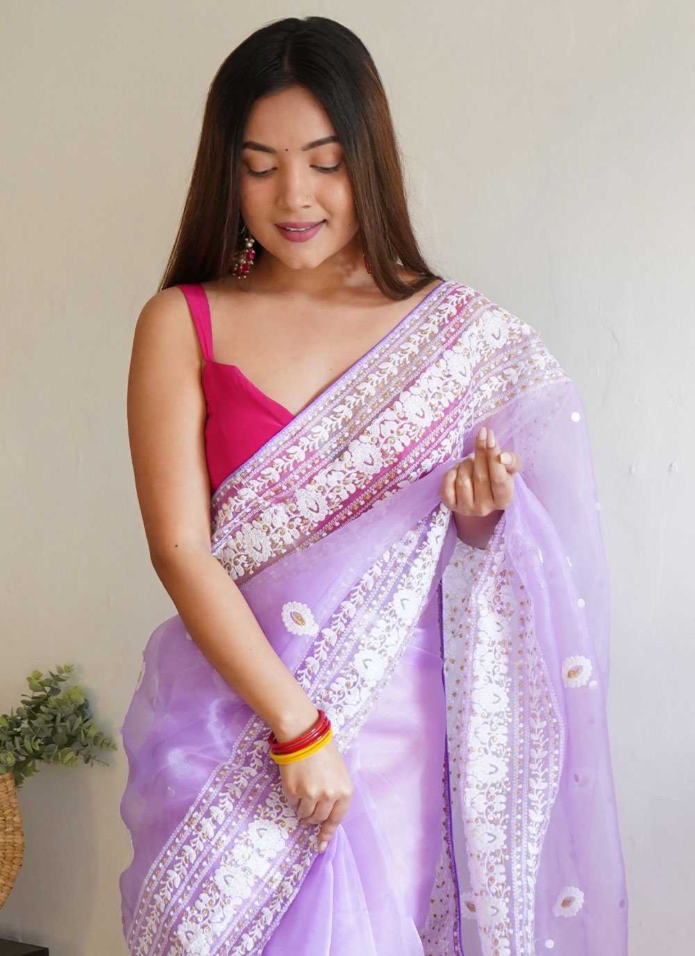 Contemporary Organza Lavender Embroidered Saree