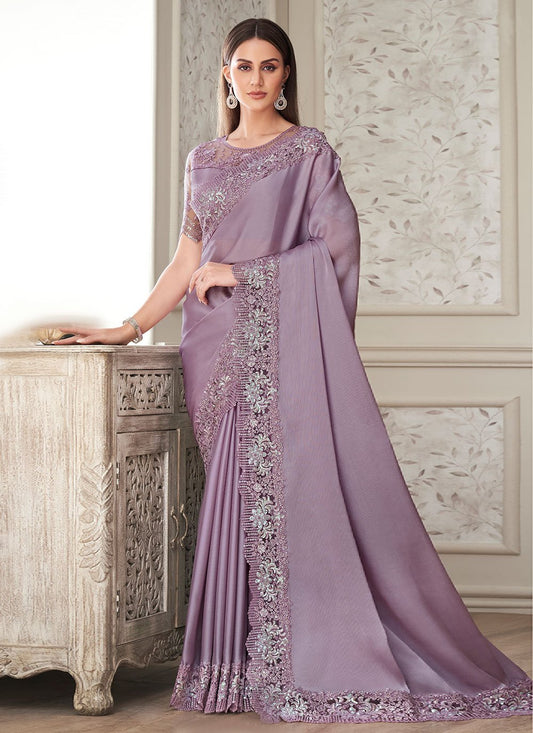 Contemporary Silk Lavender Embroidered Saree