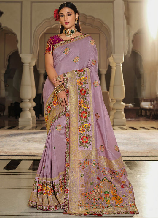 Classic Silk Lavender Embroidered Saree