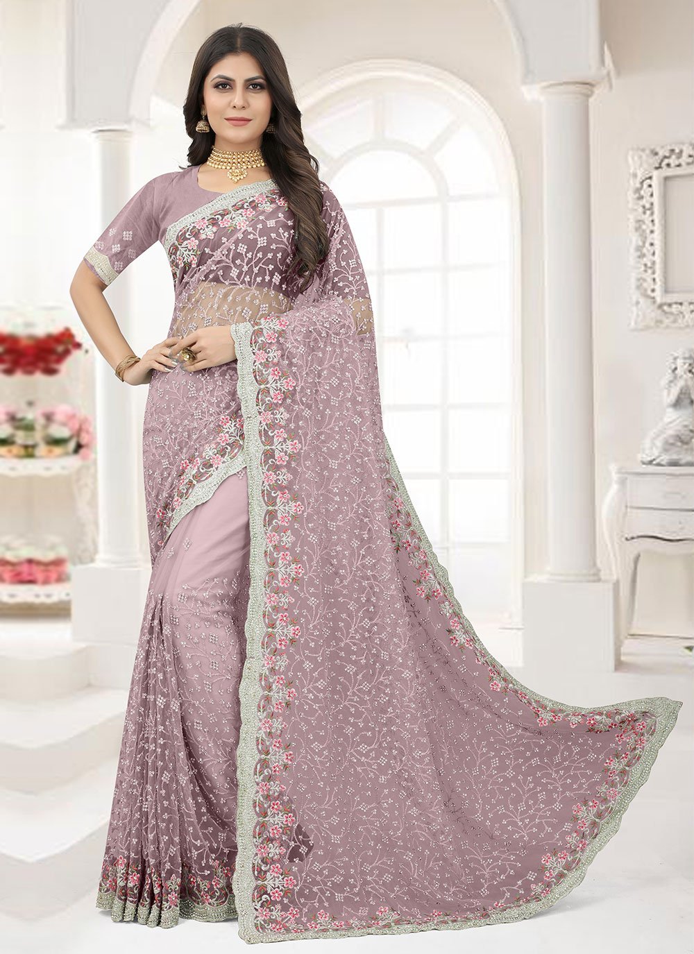 Traditional Saree Net Lavender Embroidered Saree