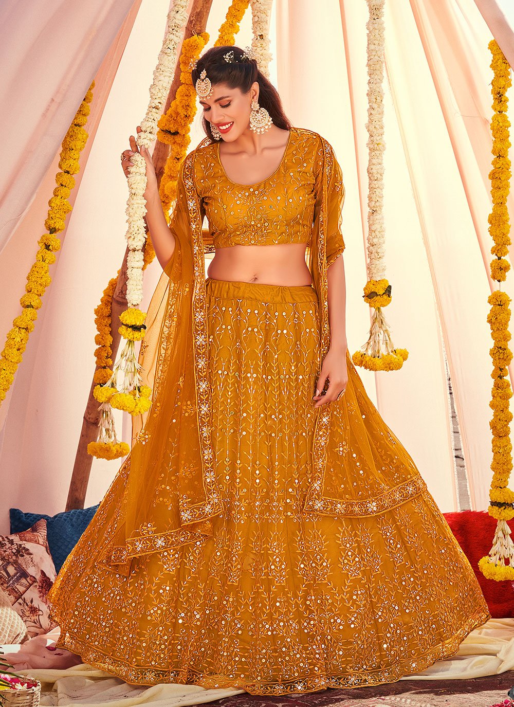 Lehenga Choli Net Mustard Embroidered Lehenga Choli