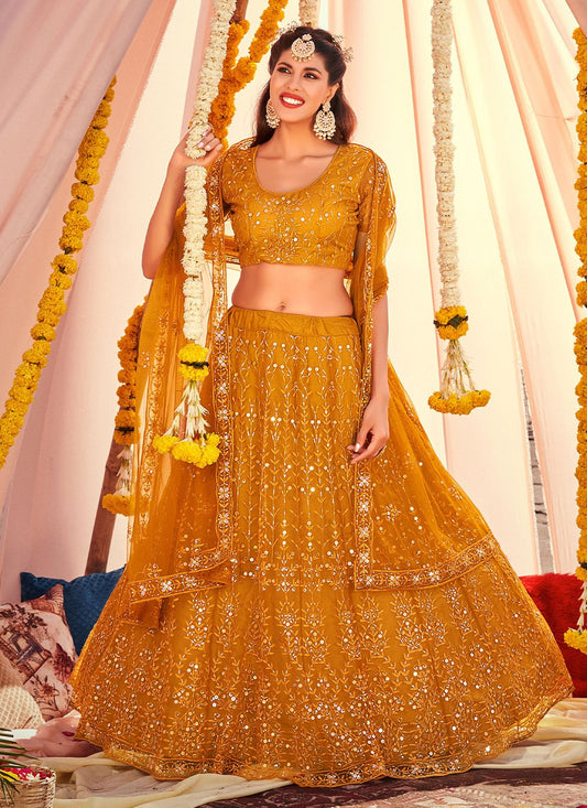 Lehenga Choli Net Mustard Embroidered Lehenga Choli