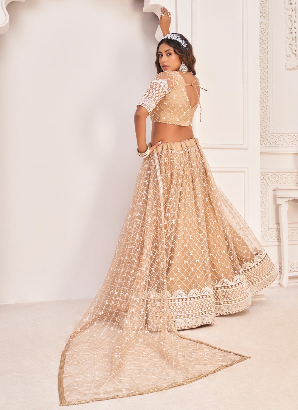 Lehenga Choli Net Beige Embroidered Lehenga Choli